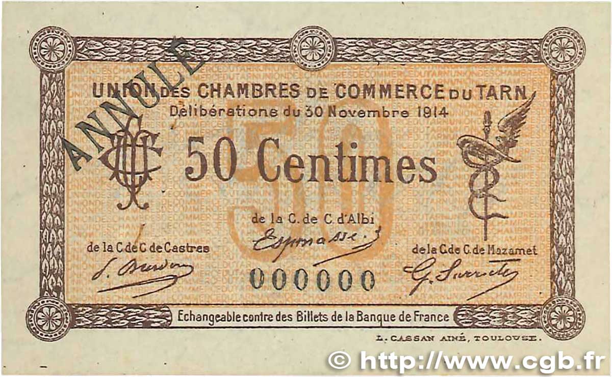50 Centimes Annulé FRANCE regionalism and various Albi - Castres - Mazamet 1914 JP.005.02 XF