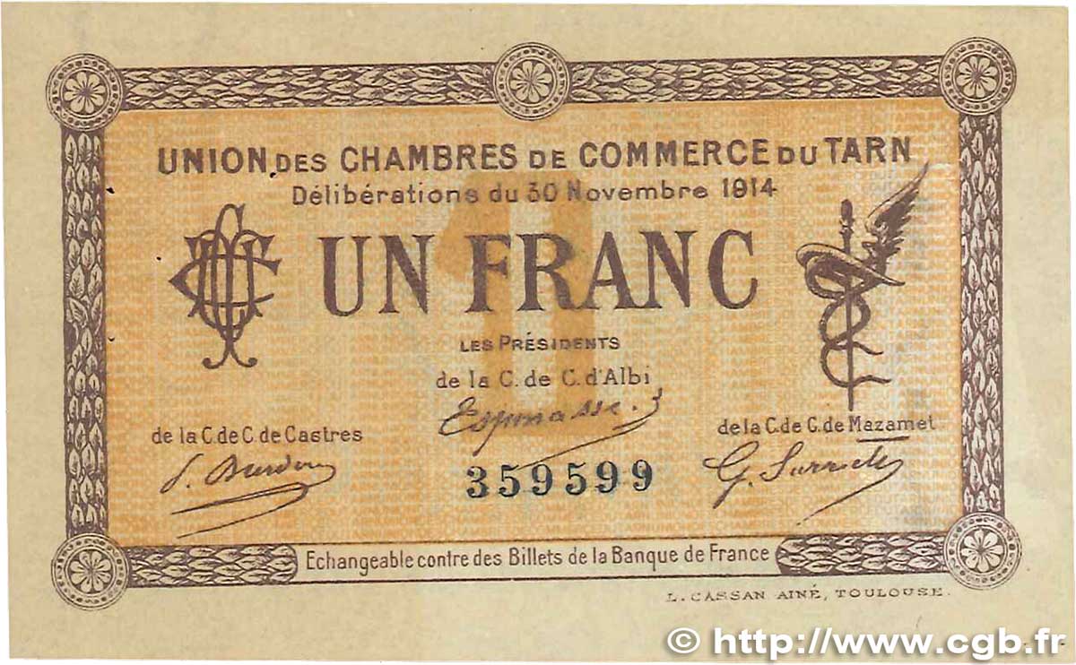 1 Franc FRANCE regionalism and various Albi - Castres - Mazamet 1914 JP.005.05 F
