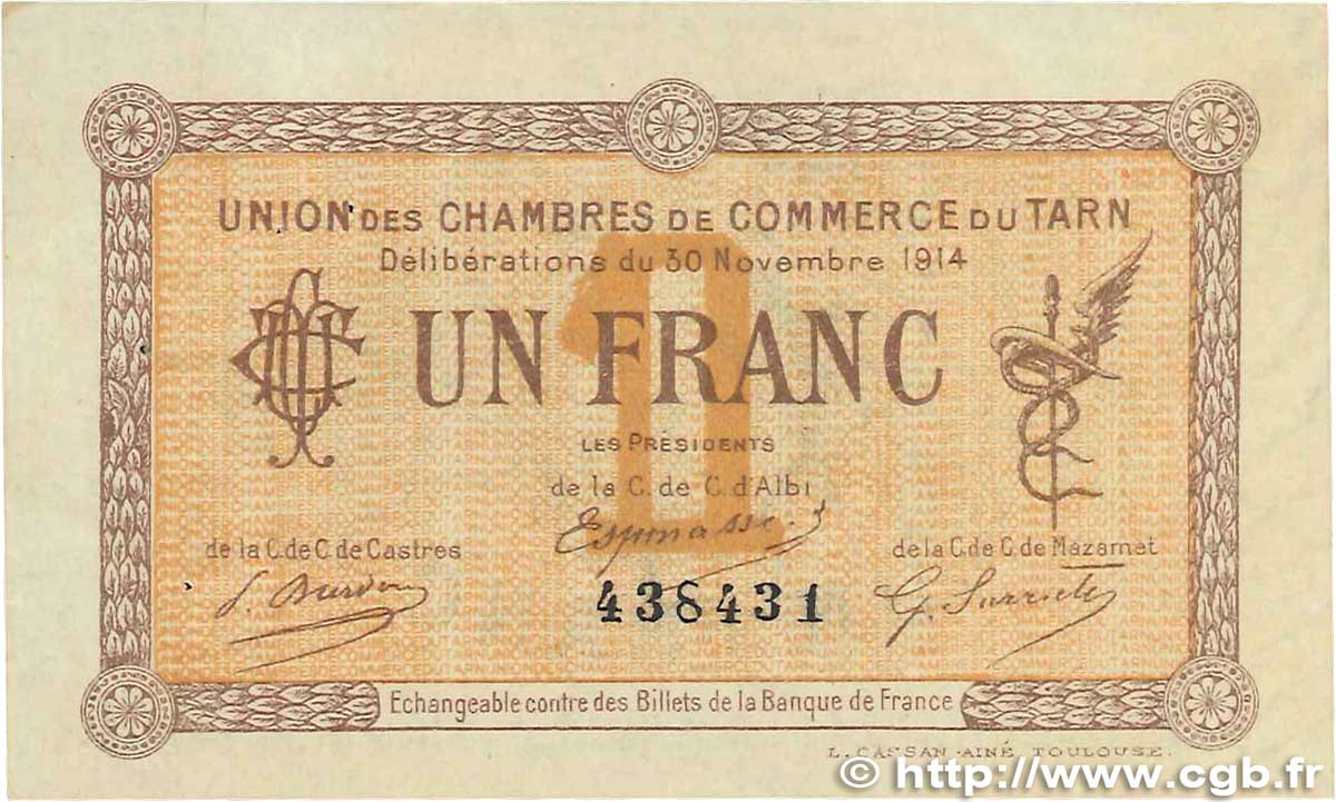1 Franc FRANCE regionalismo e varie Albi - Castres - Mazamet 1914 JP.005.05 BB