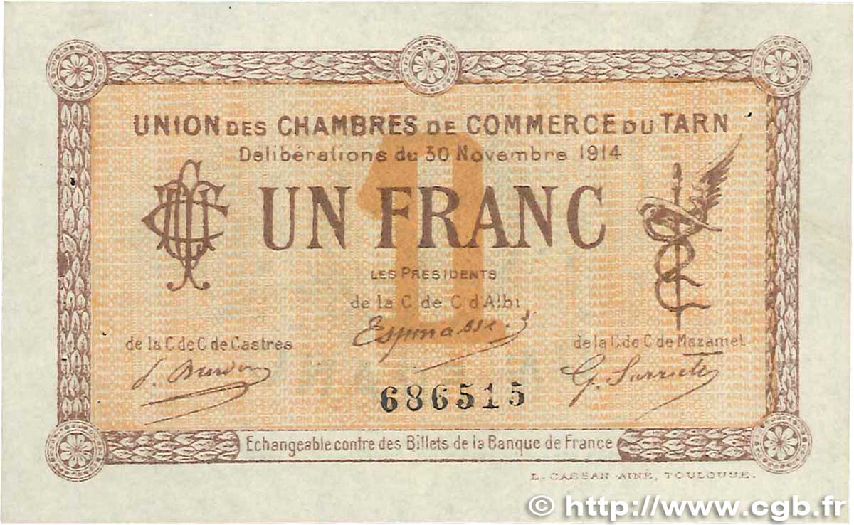 1 Franc FRANCE regionalism and various Albi - Castres - Mazamet 1914 JP.005.05 VF+