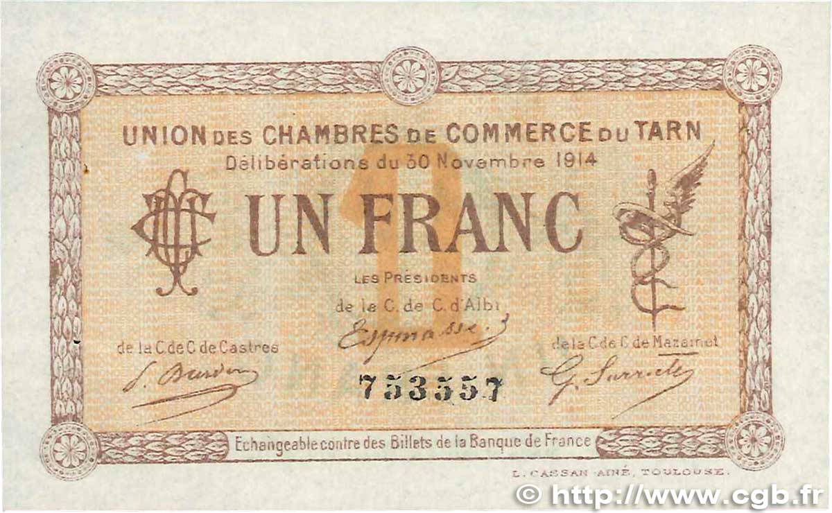 1 Franc FRANCE regionalism and various Albi - Castres - Mazamet 1914 JP.005.05 XF