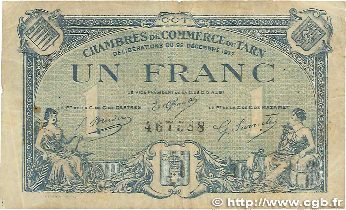 1 Franc FRANCE regionalismo y varios Albi - Castres - Mazamet 1917 JP.005.13 RC+