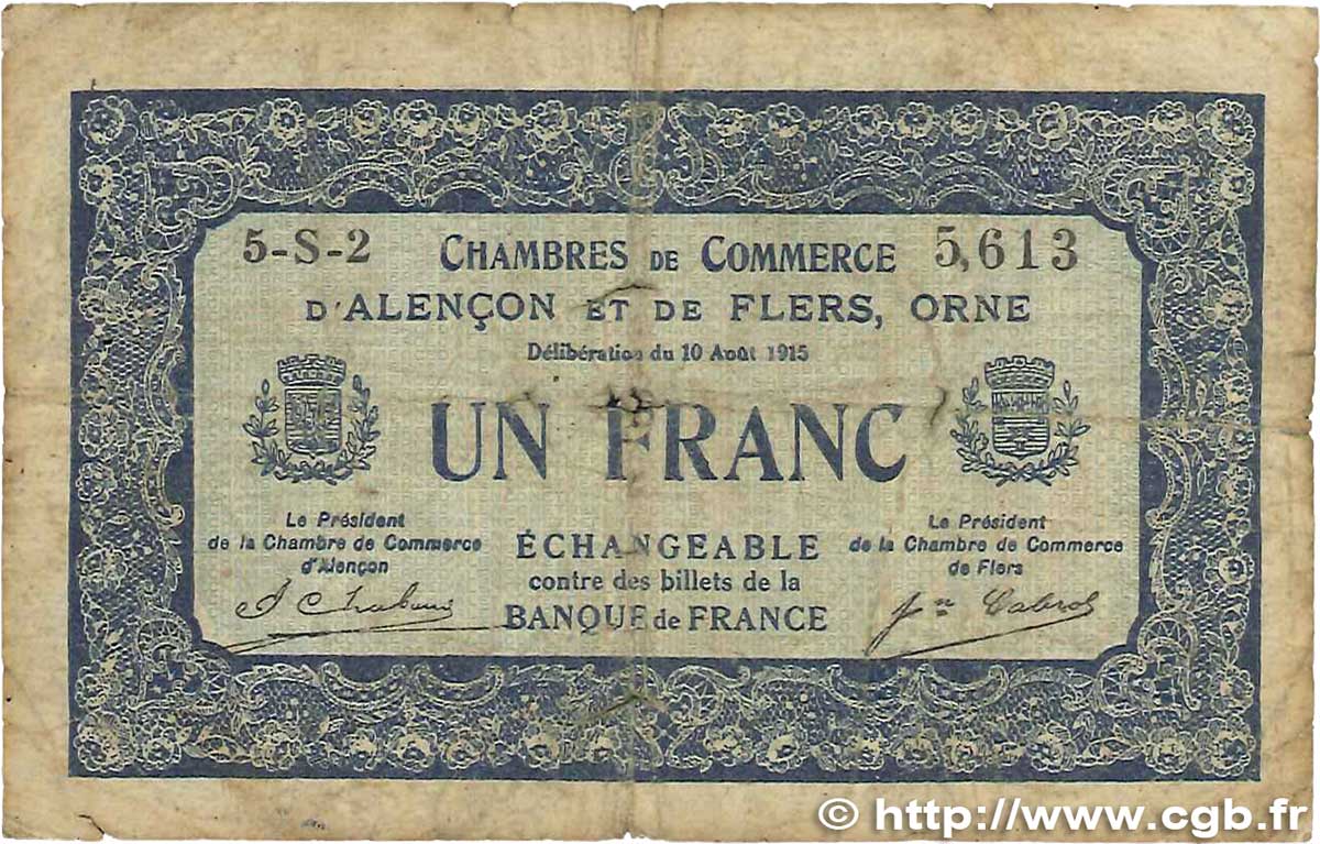 1 Franc FRANCE Regionalismus und verschiedenen Alencon et Flers 1915 JP.006.48 SGE