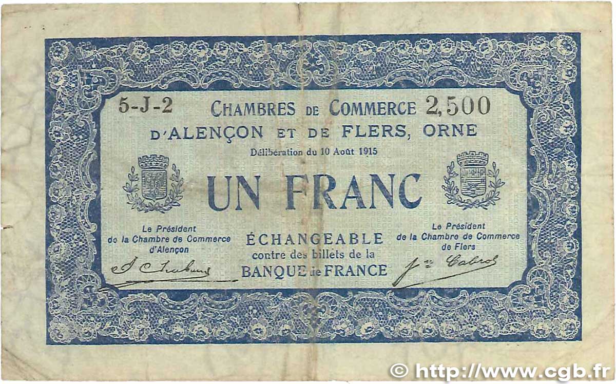 1 Franc FRANCE Regionalismus und verschiedenen Alencon et Flers 1915 JP.006.48 S