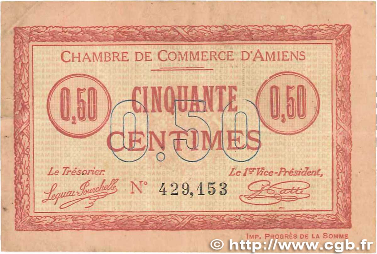 50 Centimes FRANCE regionalismo e varie Amiens 1915 JP.007.26 MB