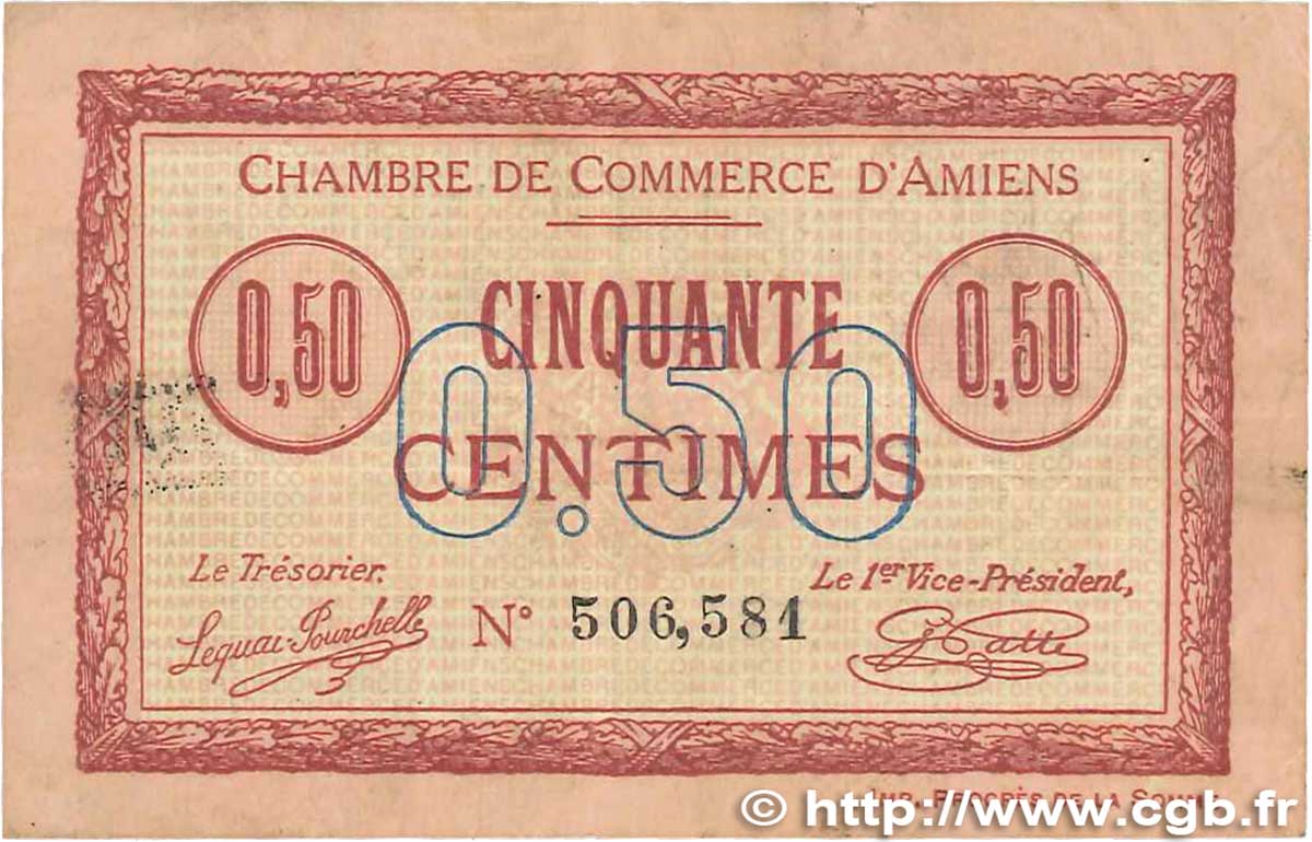 50 Centimes FRANCE regionalism and various Amiens 1915 JP.007.26 VF-