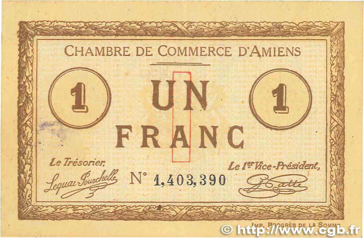 1 Franc FRANCE Regionalismus und verschiedenen Amiens 1915 JP.007.36 VZ