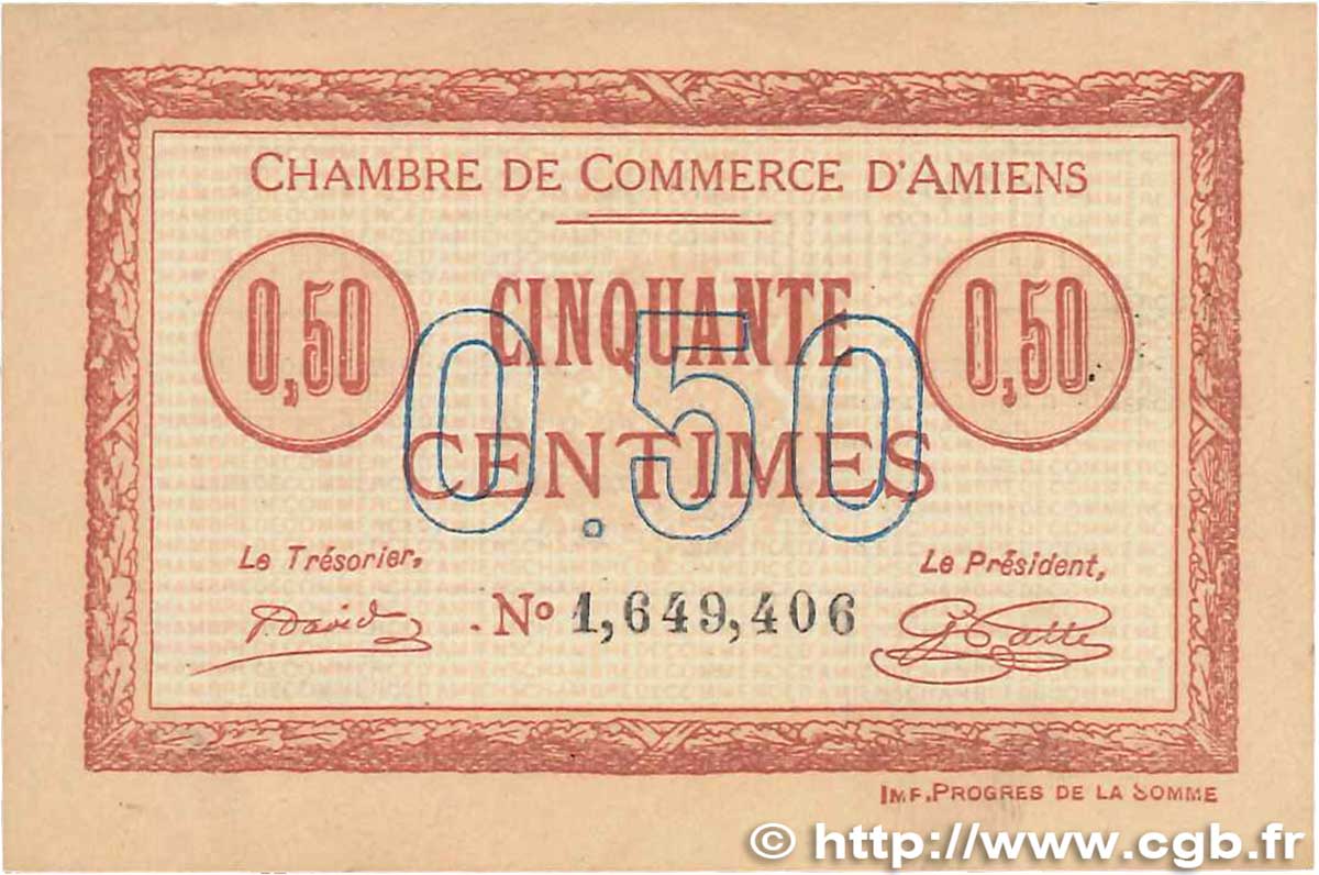 50 Centimes FRANCE regionalismo y varios Amiens 1915 JP.007.40 MBC+