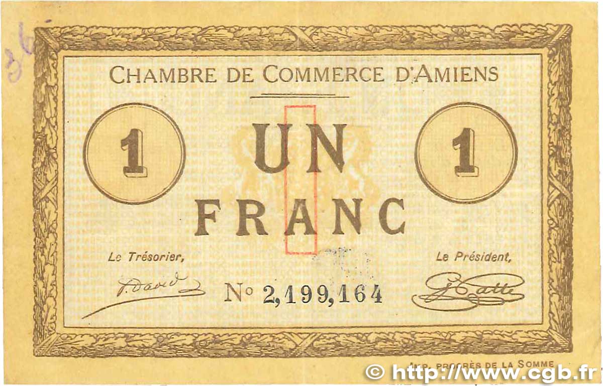 1 Franc FRANCE Regionalismus und verschiedenen Amiens 1915 JP.007.43 fSS