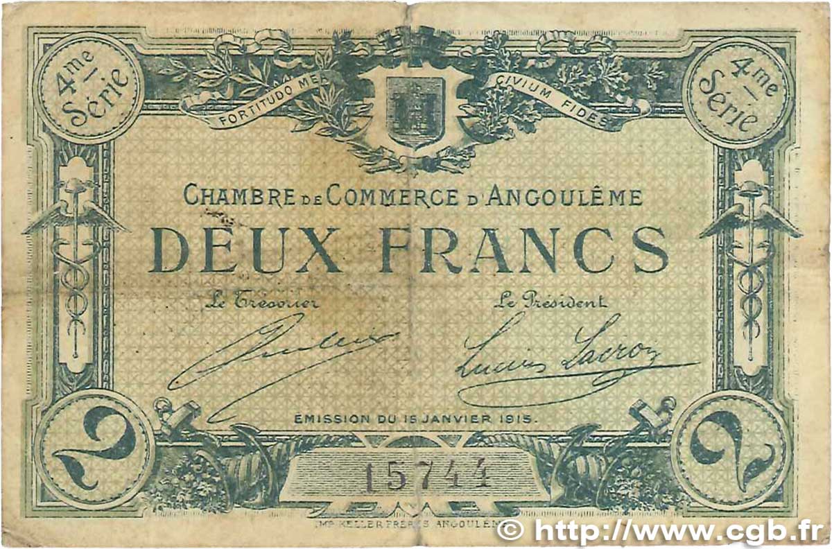 2 Francs FRANCE regionalism and various Angoulême 1915 JP.009.22 VG
