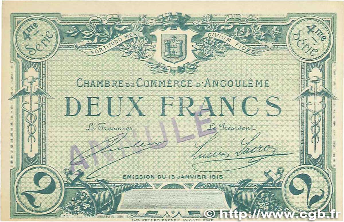 2 Francs Annulé FRANCE regionalismo y varios Angoulême 1915 JP.009.32 SC+