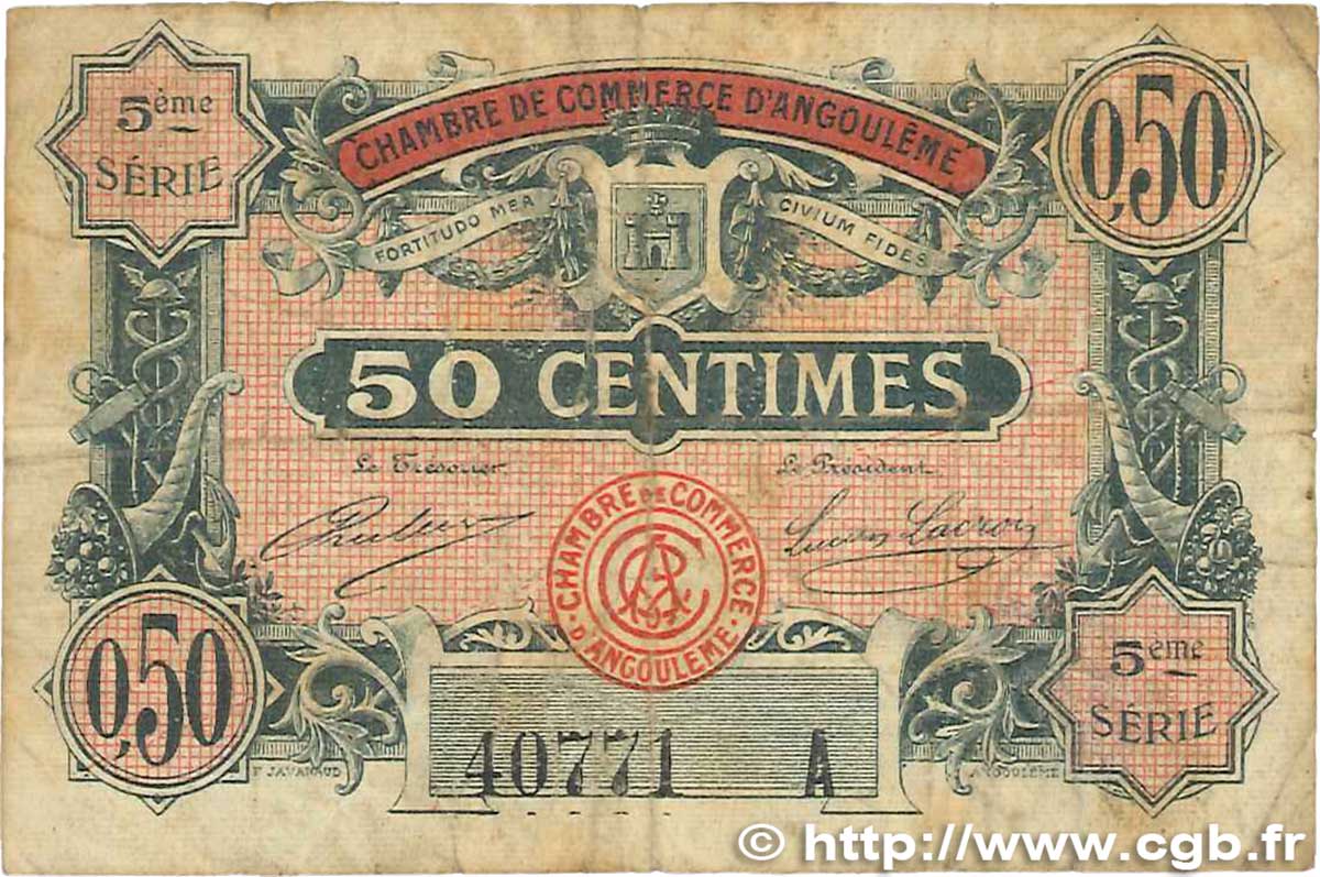 50 Centimes FRANCE Regionalismus und verschiedenen Angoulême 1917 JP.009.40 fS