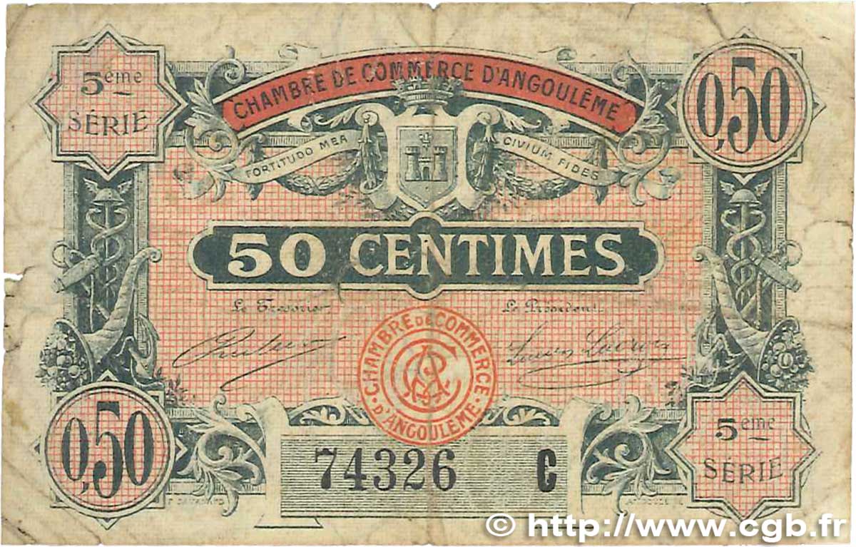50 Centimes FRANCE Regionalismus und verschiedenen Angoulême 1917 JP.009.40 fS