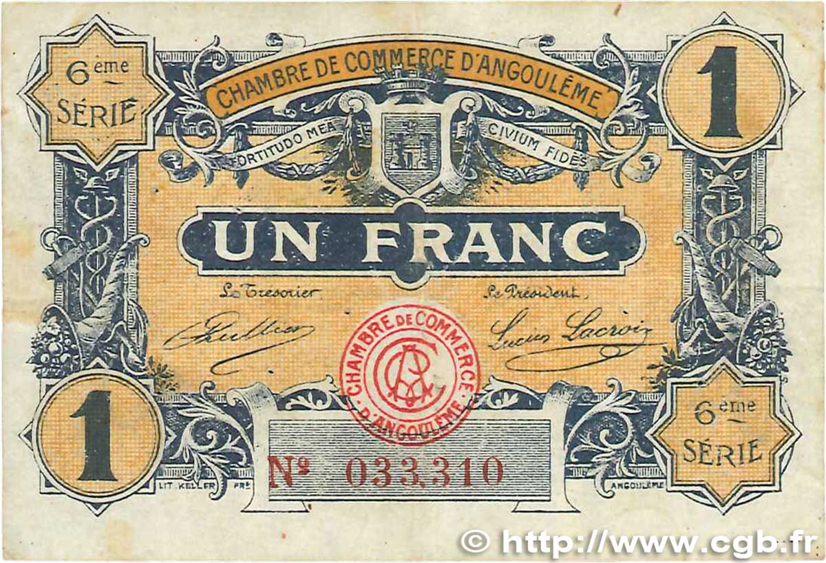 1 Franc FRANCE Regionalismus und verschiedenen Angoulême 1920 JP.009.47 fSS