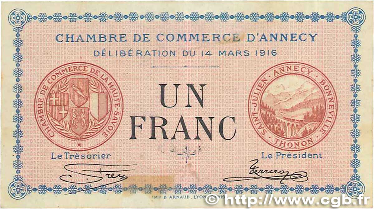 1 Franc FRANCE regionalismo y varios Annecy 1916 JP.010.05 MBC