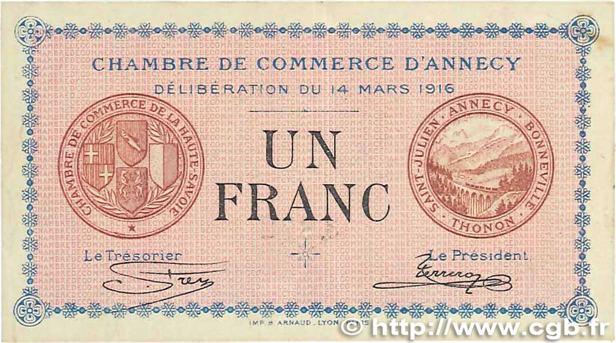 1 Franc FRANCE regionalism and various Annecy 1916 JP.010.05 XF