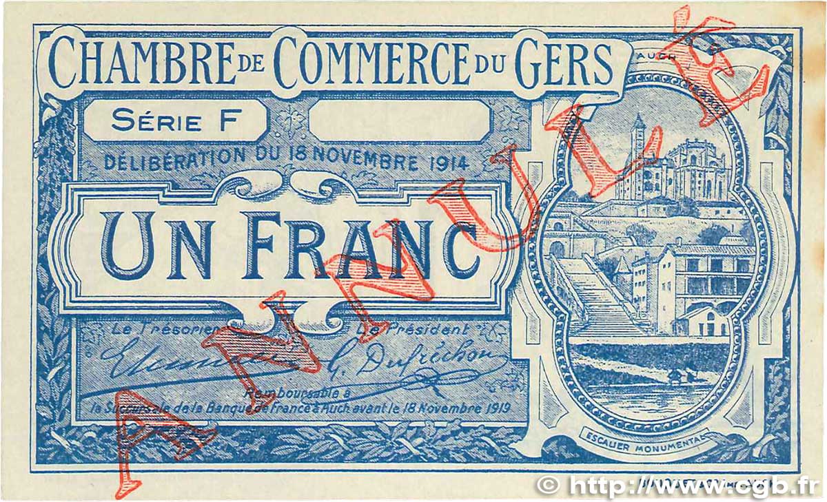 1 Franc Annulé FRANCE regionalismo y varios Auch 1914 JP.015.08 SC