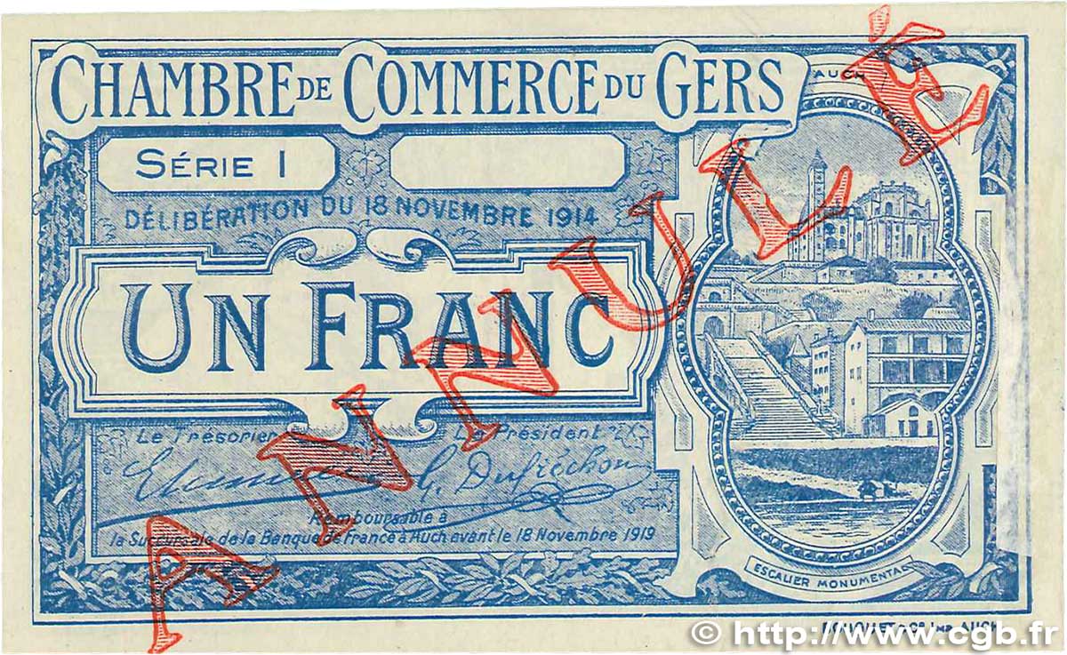 1 Franc Annulé FRANCE regionalism and miscellaneous Auch 1914 JP.015.08 AU