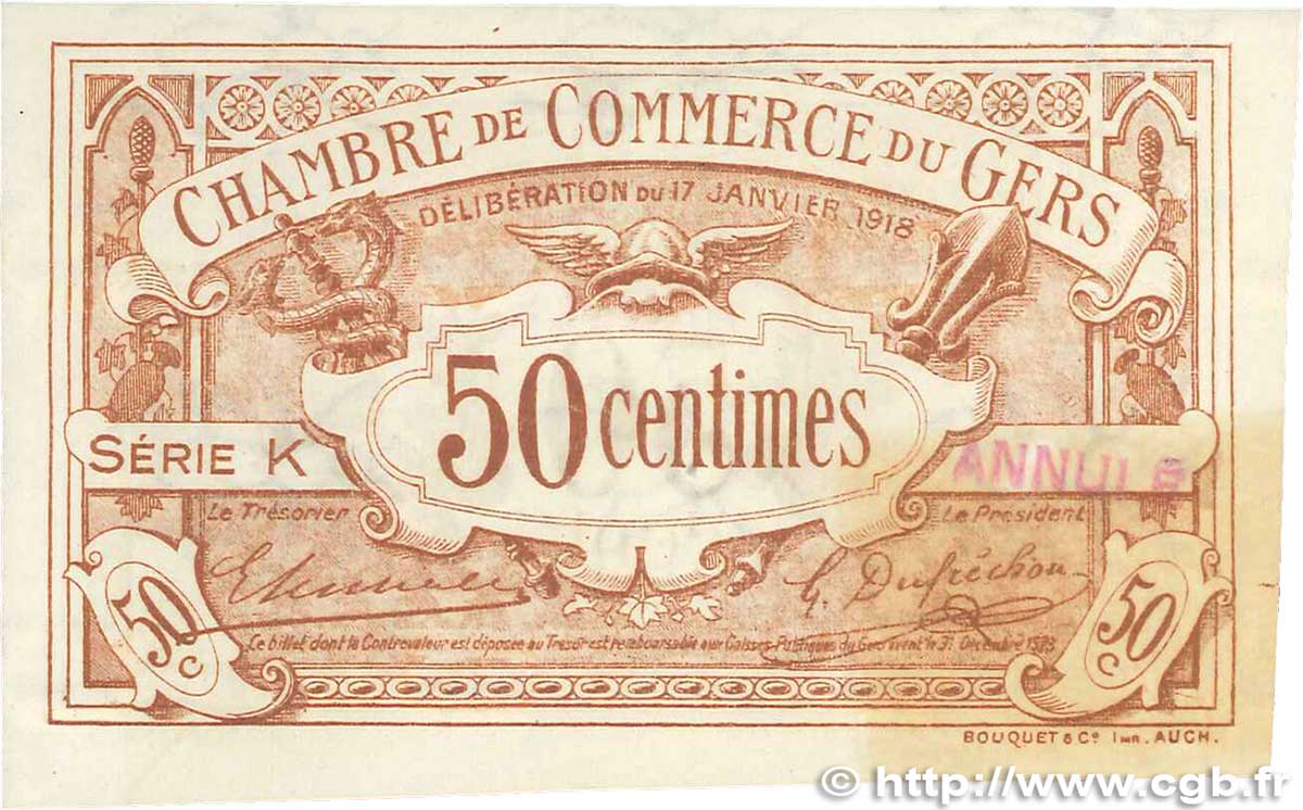 50 Centimes Annulé FRANCE regionalismo e varie Auch 1918 JP.015.13 AU+