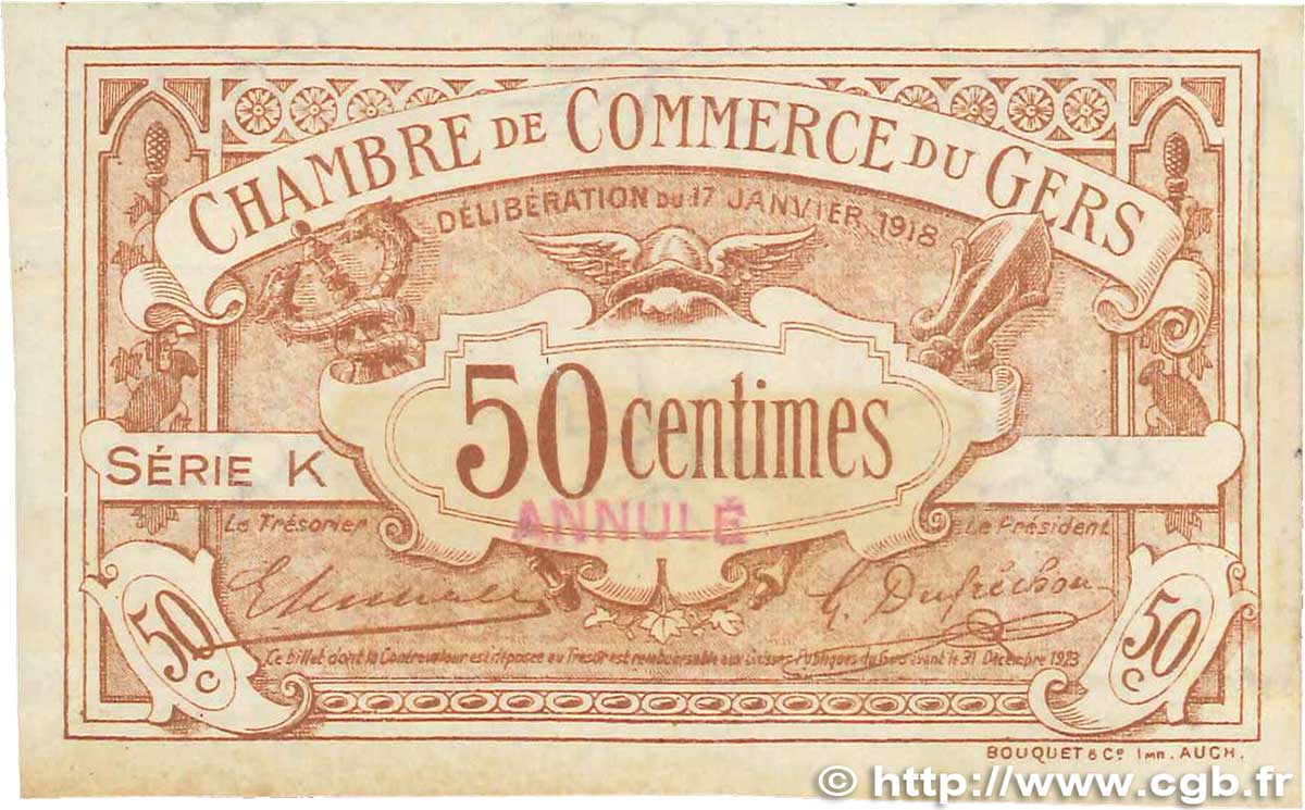 50 Centimes Annulé FRANCE regionalismo y varios Auch 1918 JP.015.13 EBC+