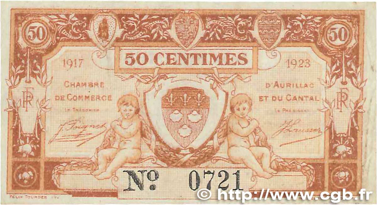 50 Centimes FRANCE regionalism and various Aurillac 1917 JP.016.12 VF+