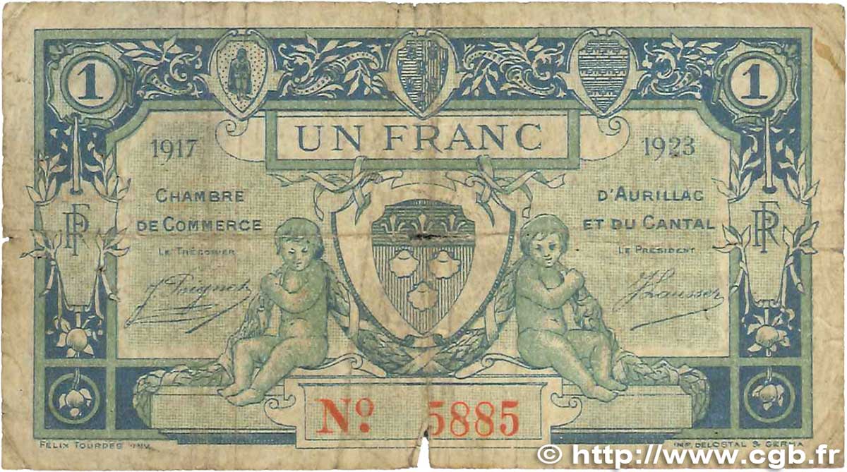 1 Franc FRANCE regionalism and various Aurillac 1917 JP.016.13 G