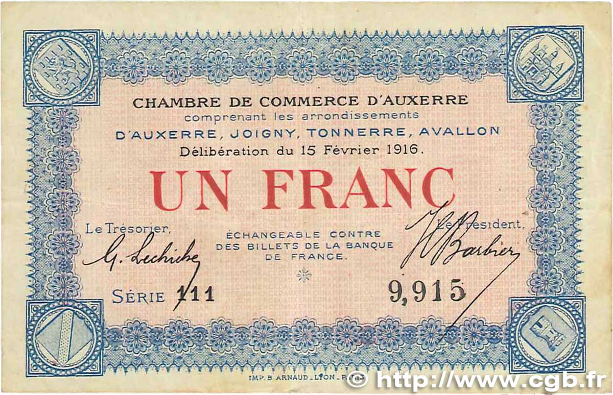 1 Franc FRANCE regionalism and various Auxerre 1916 JP.017.08 F