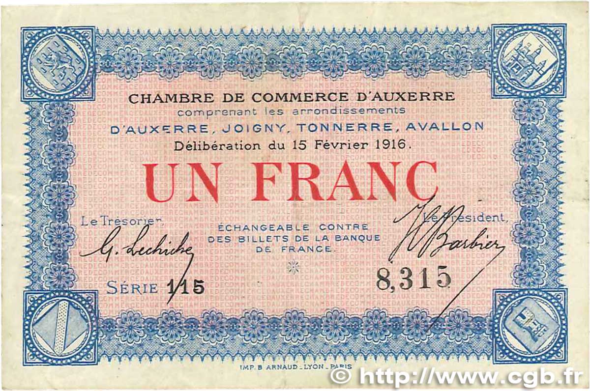 1 Franc FRANCE regionalismo y varios Auxerre 1916 JP.017.08 MBC