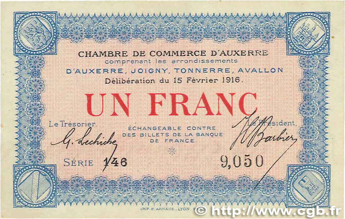 1 Franc FRANCE régionalisme et divers Auxerre 1916 JP.017.08 SPL+