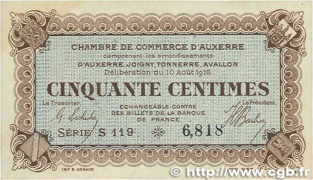 50 Centimes FRANCE Regionalismus und verschiedenen Auxerre 1916 JP.017.11 VZ