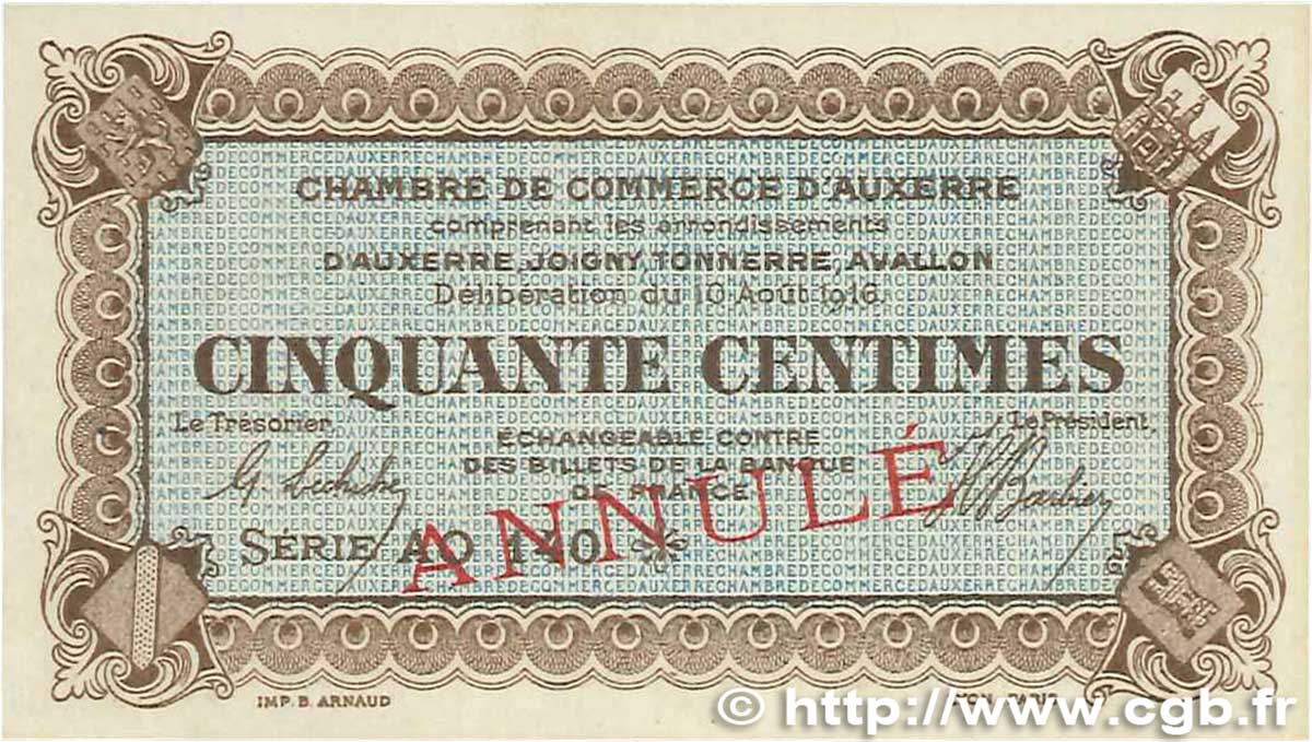 50 Centimes Annulé FRANCE regionalism and miscellaneous Auxerre 1916 JP.017.13 UNC