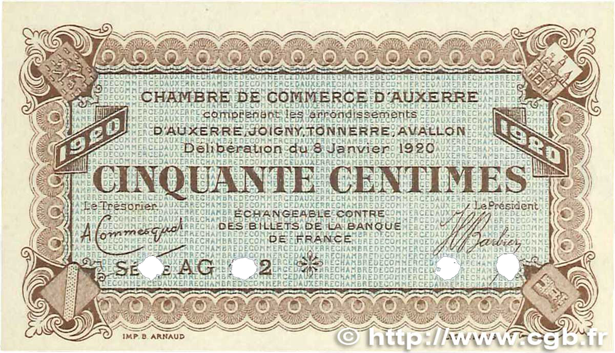 50 Centimes FRANCE Regionalismus und verschiedenen Auxerre 1920 JP.017.21 ST