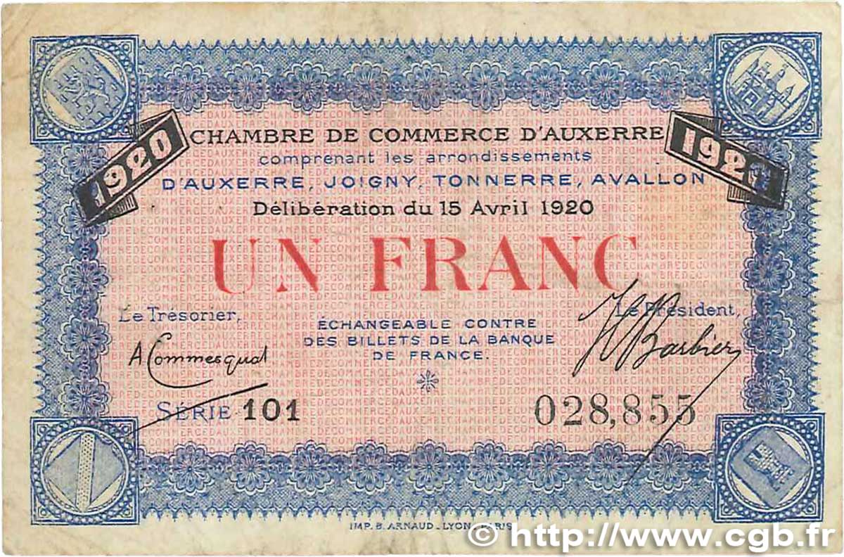 1 Franc FRANCE régionalisme et divers Auxerre 1920 JP.017.26 TB