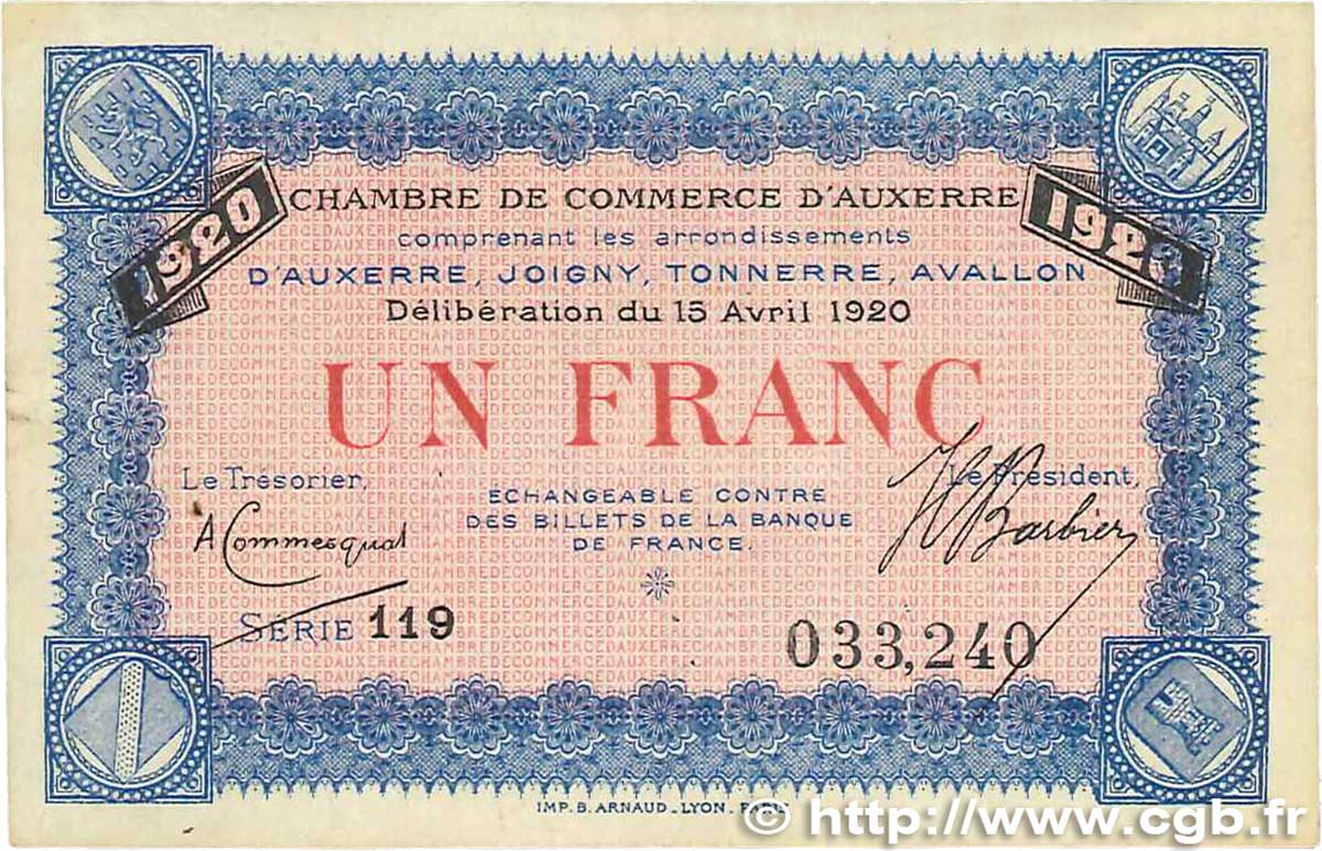 1 Franc FRANCE régionalisme et divers Auxerre 1920 JP.017.26 TTB