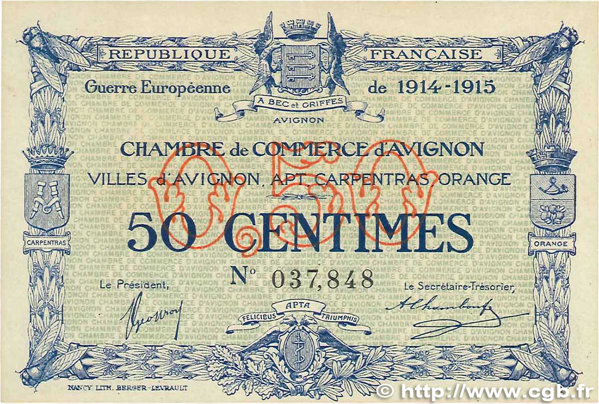 50 Centimes FRANCE regionalismo y varios Avignon 1915 JP.018.01 SC