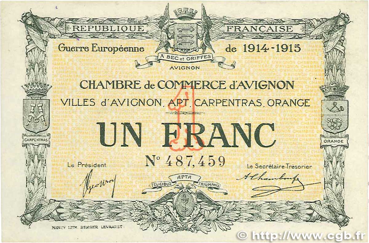 1 Franc FRANCE regionalism and various Avignon 1915 JP.018.05 XF