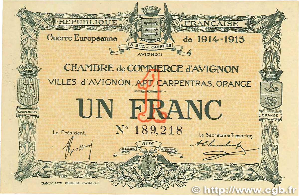 1 Franc FRANCE régionalisme et divers Avignon 1915 JP.018.05 SUP