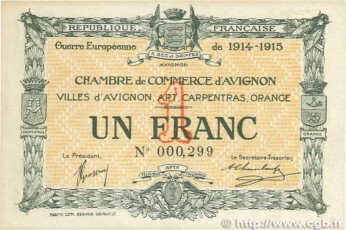 1 Franc FRANCE régionalisme et divers Avignon 1915 JP.018.05 SPL+