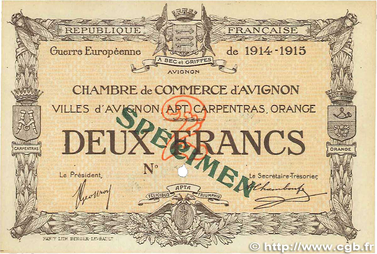 2 Francs Spécimen FRANCE regionalismo y varios Avignon 1915 JP.018.12 EBC