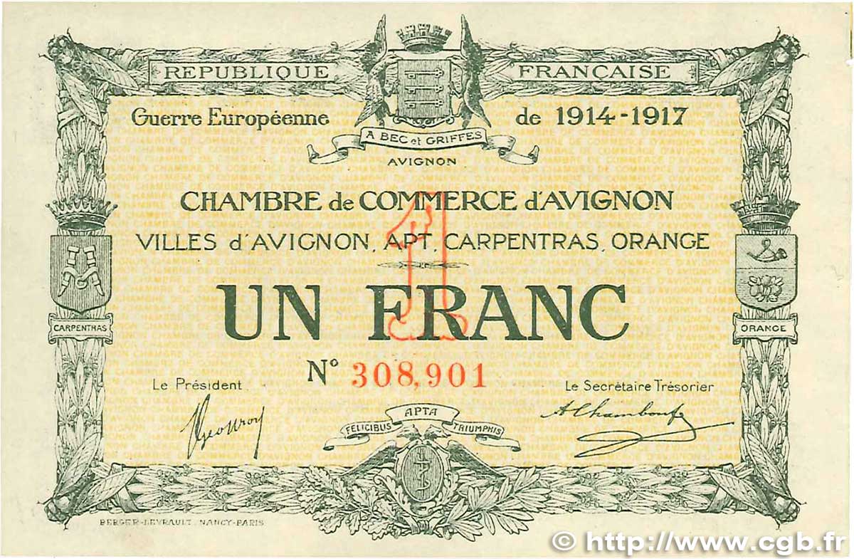 1 Franc FRANCE regionalism and miscellaneous Avignon 1915 JP.018.17 AU-