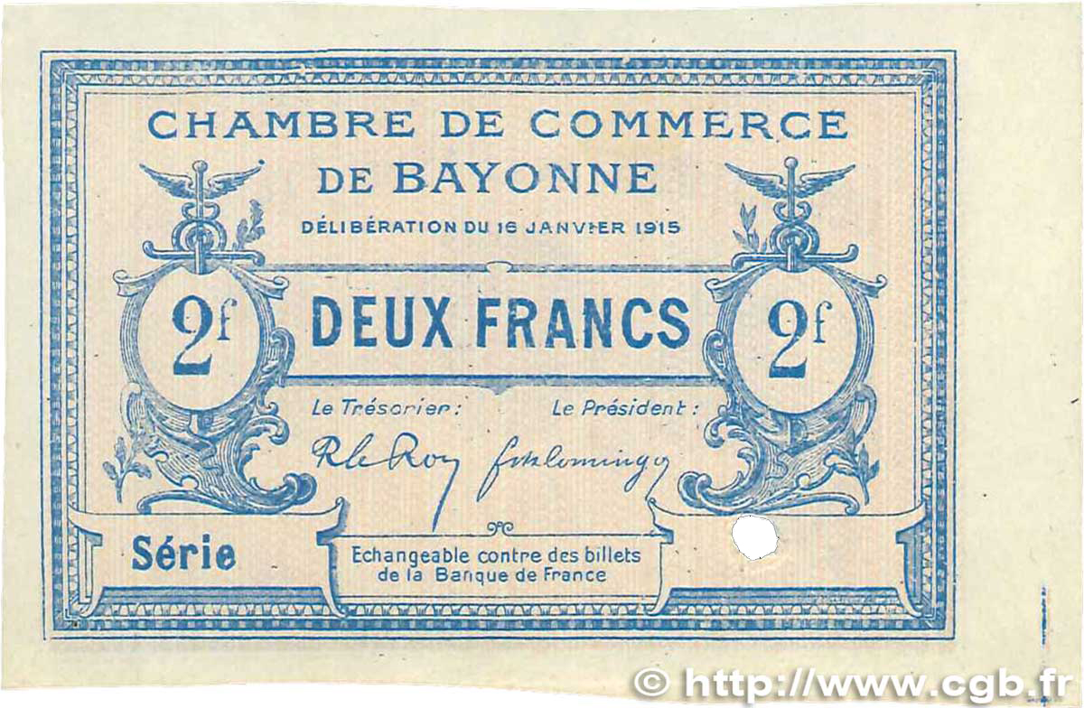 2 Francs FRANCE regionalism and various Bayonne 1915 JP.021.20 VF