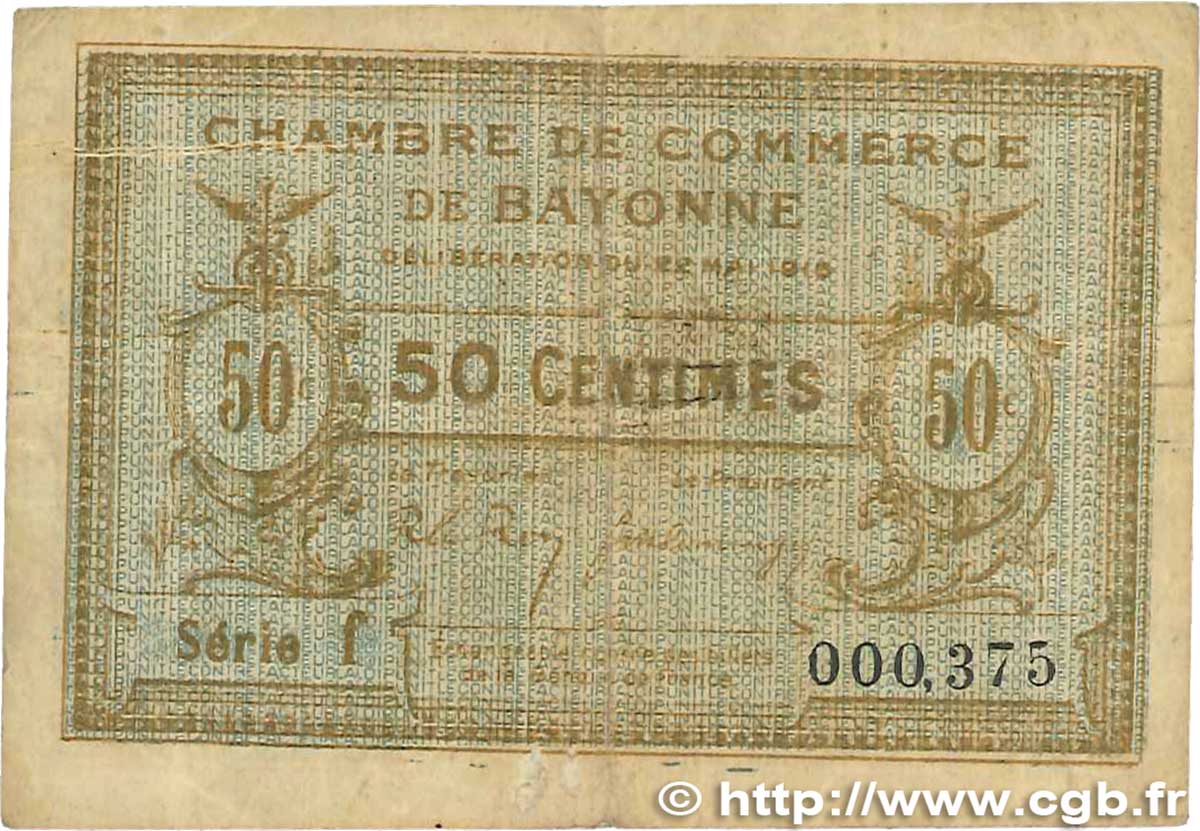 50 Centimes FRANCE regionalism and various Bayonne 1916 JP.021.26 VG