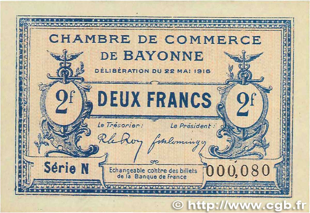 2 Francs FRANCE regionalism and various Bayonne 1916 JP.021.36 AU+