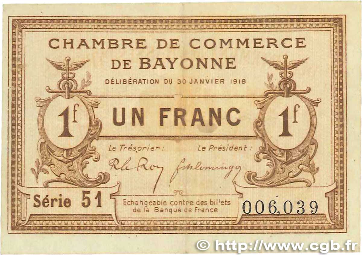 1 Franc FRANCE regionalismo y varios Bayonne 1918 JP.021.59 MBC