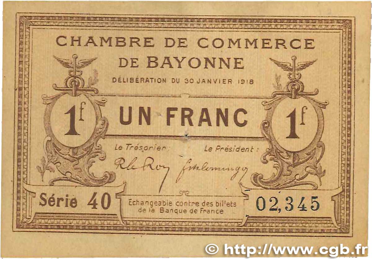 1 Franc FRANCE régionalisme et divers Bayonne 1918 JP.021.59 TTB