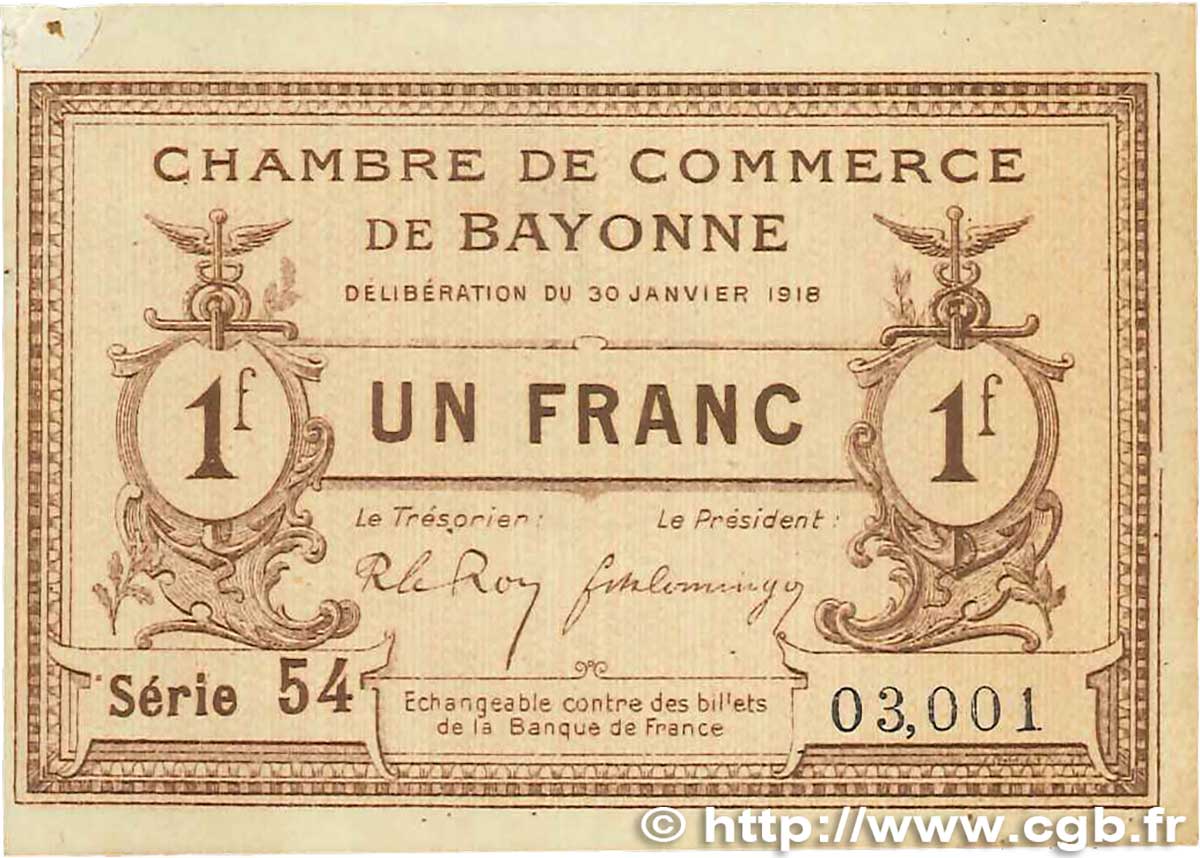 1 Franc FRANCE regionalism and miscellaneous Bayonne 1918 JP.021.59 VF+