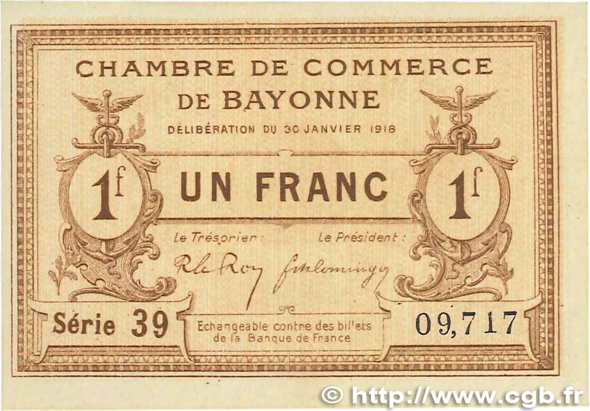 1 Franc FRANCE regionalismo y varios Bayonne 1918 JP.021.59 SC+
