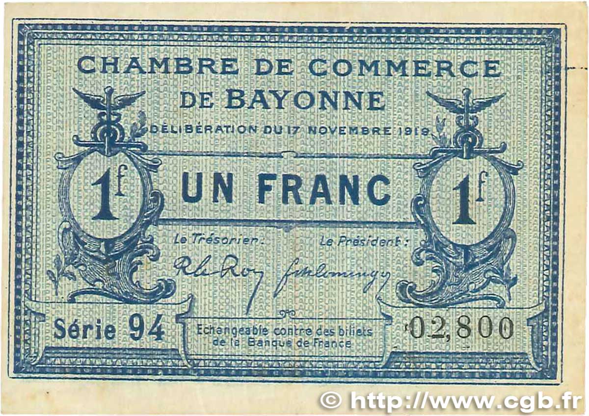1 Franc FRANCE regionalism and various Bayonne 1919 JP.021.64 VF