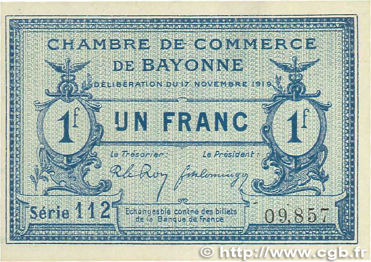 1 Franc FRANCE regionalism and various Bayonne 1919 JP.021.64 UNC-