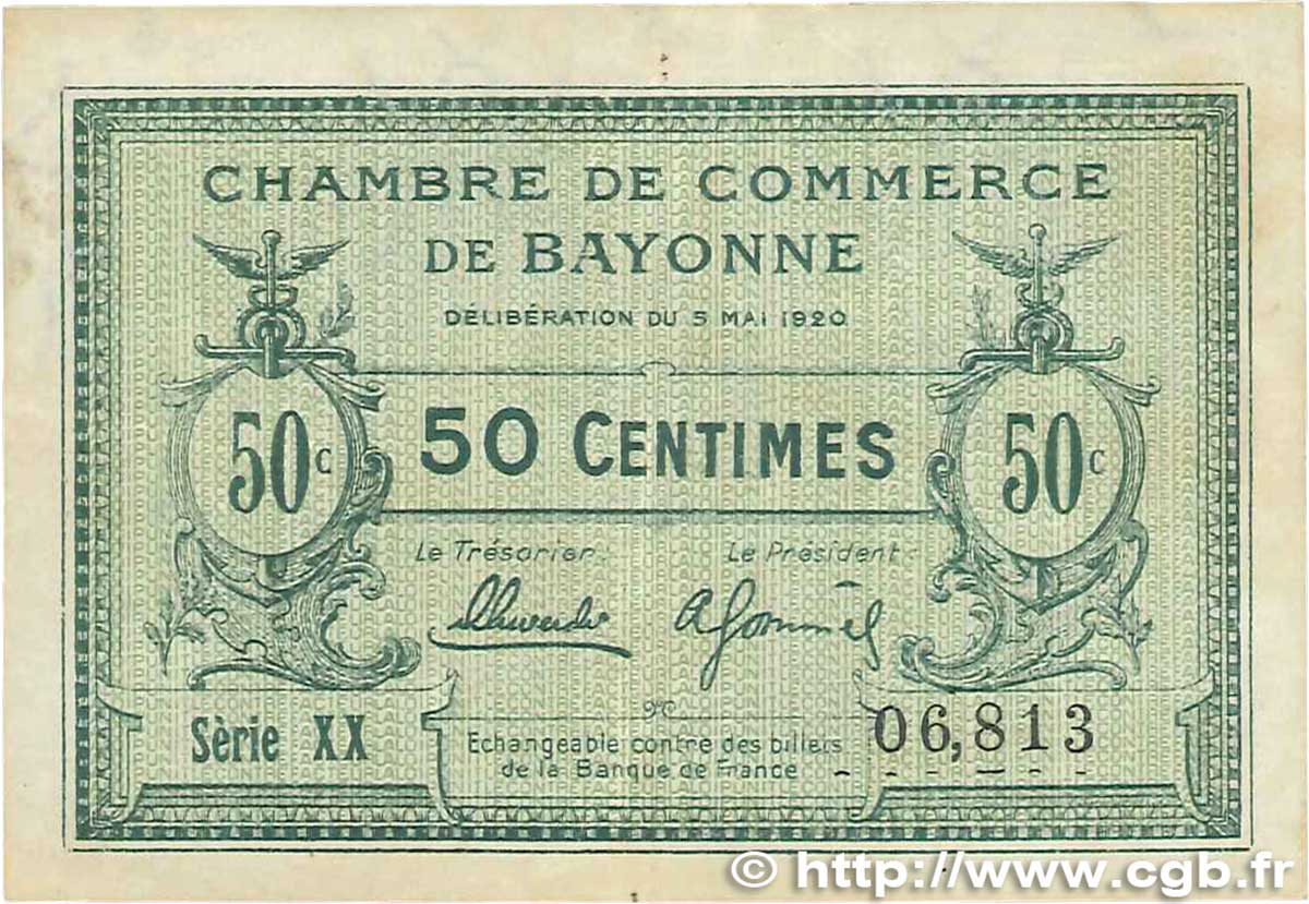 50 Centimes FRANCE regionalism and various Bayonne 1920 JP.021.66 VF